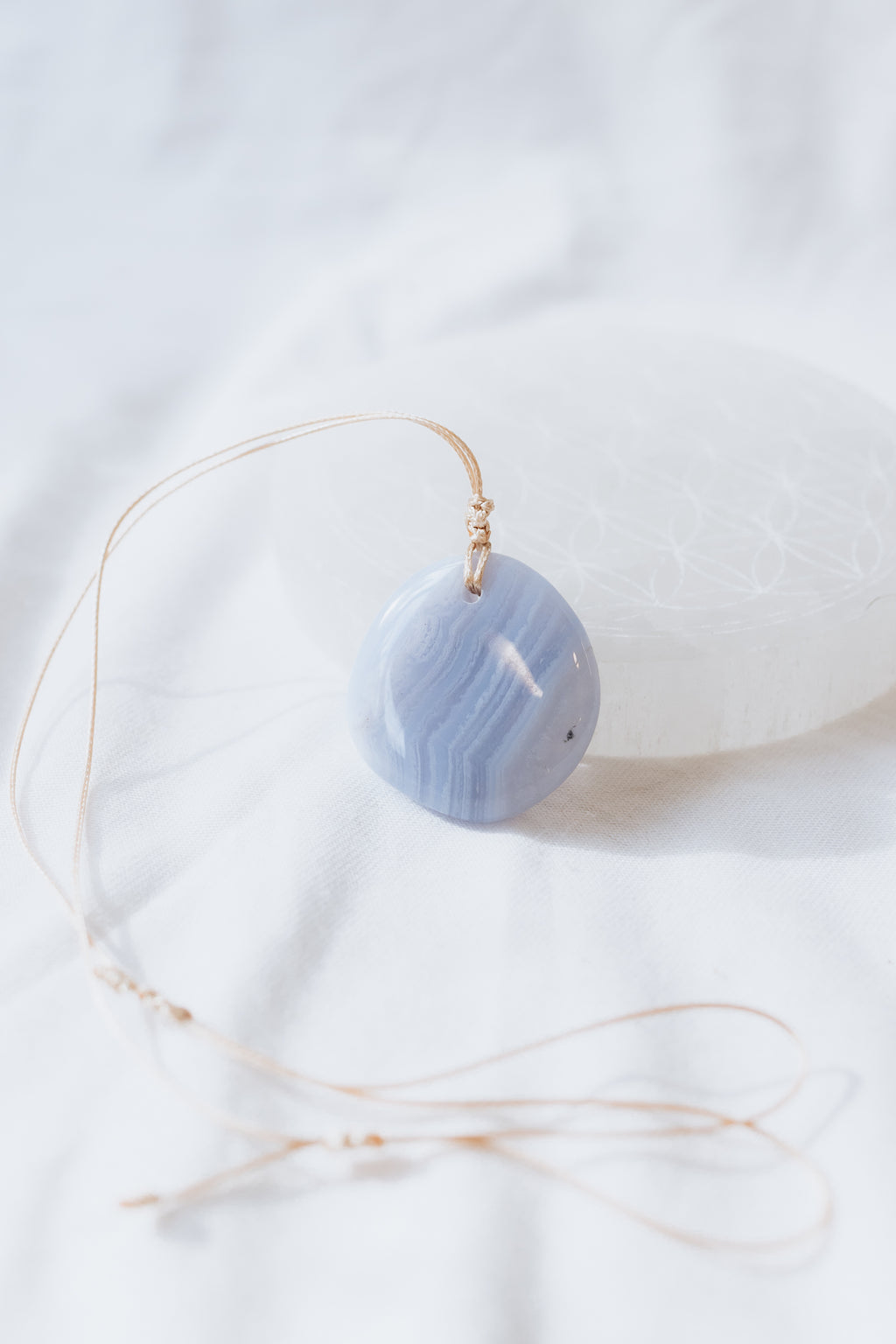 Blue Lace Agate Crystal Pendant on adjustable cord | Peace • Communication • Harmony